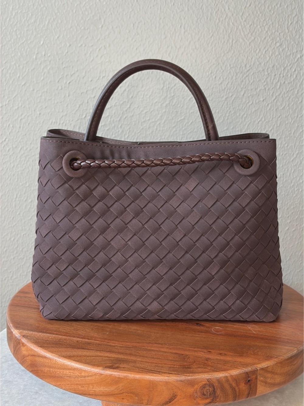 Brown Woven Vegan Suede Top Handle Crossbody Satchel Bag Gold Knot Accent - Picture 3 of 5